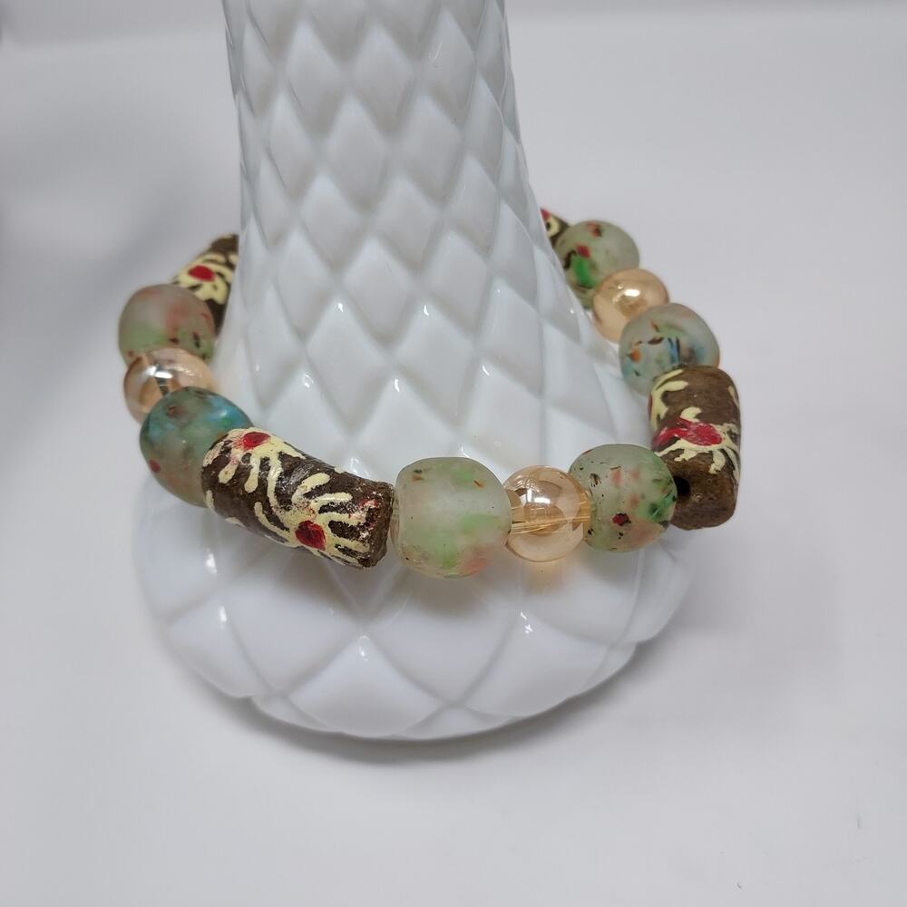 Beach Glass Look and Ceramic Stretch Bead Bracelet 8" Heavy Resortwear Boho